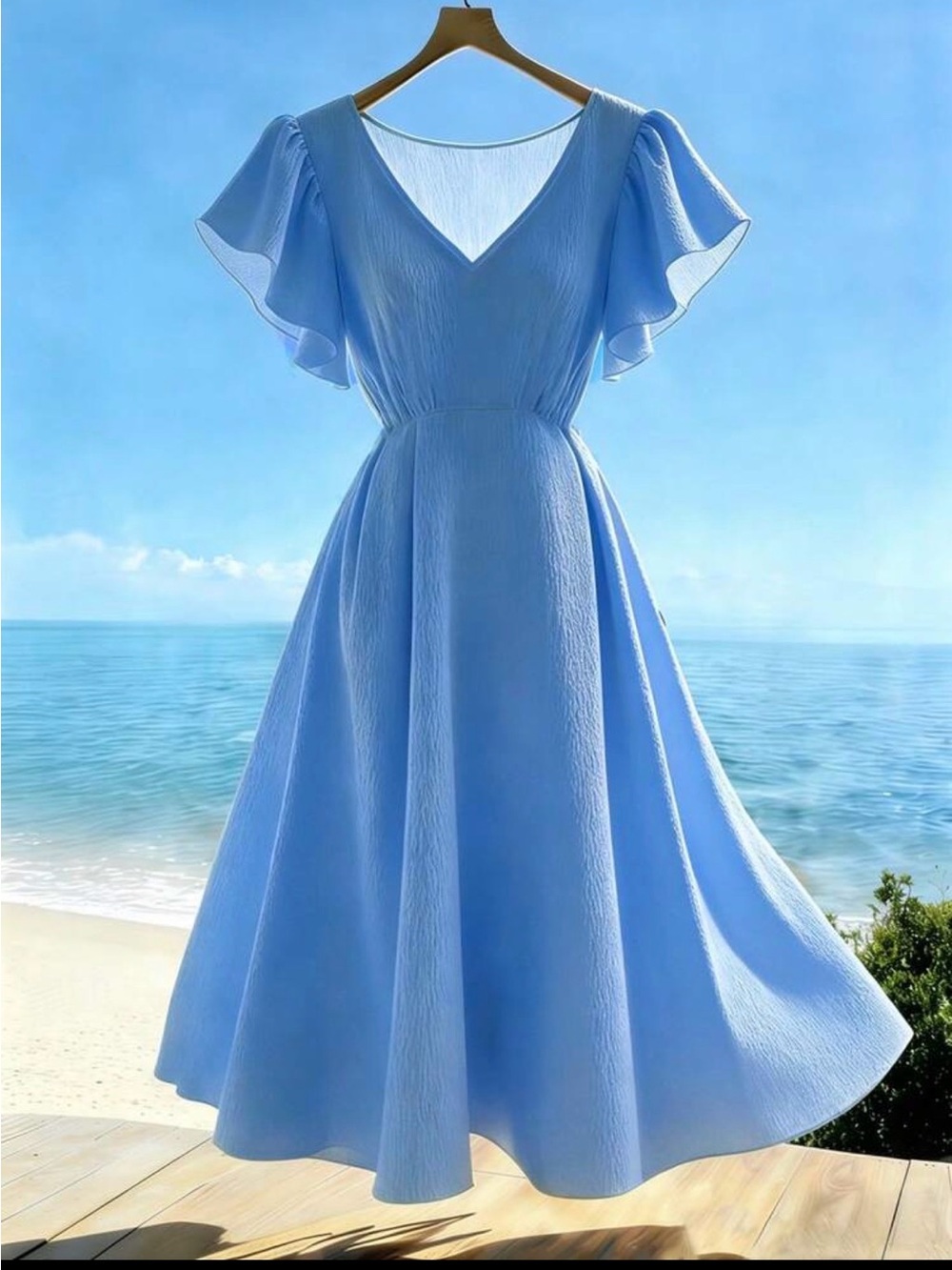 Light Blue Flutter Sleeve V-Neck Midi Dress
